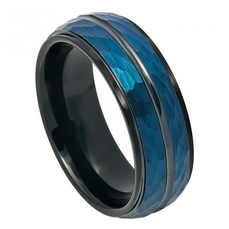 8mm Tungsten Two-tone Blue IP & Black IP Plated Hammered Finish High Polished Stepped/Beveled Edge Wedding Band Ring For Men Or Ladies