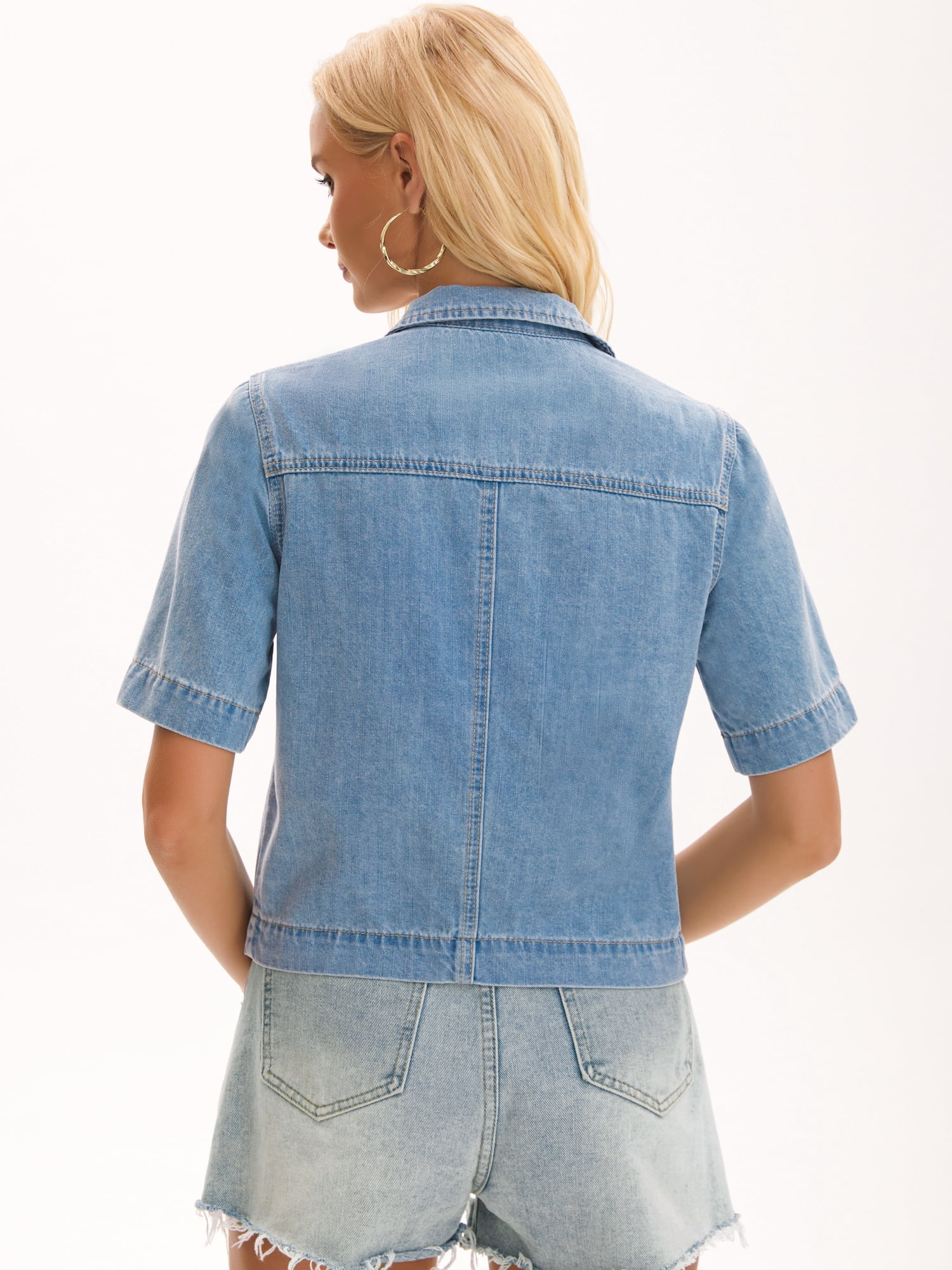 DARING DIVA Women's Button Down Casual Short Sleeve Denim Shirt With Pockets XL Light Blue