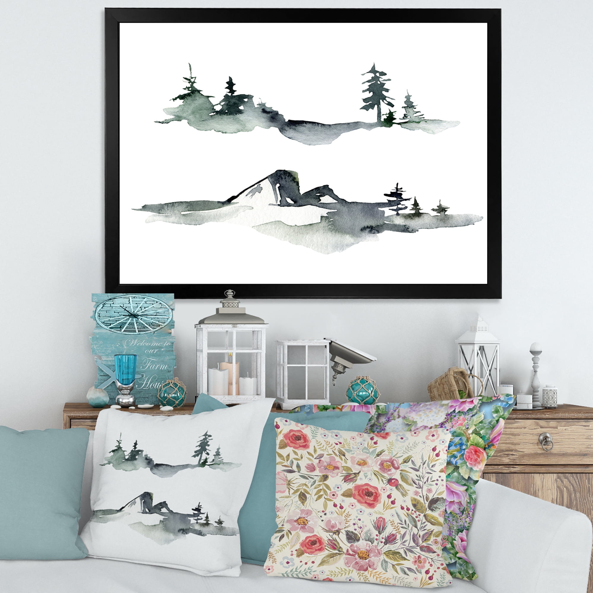 Designart 'Trees With Winter Dark Blue Mountain Landscape I' Modern Framed Art Print