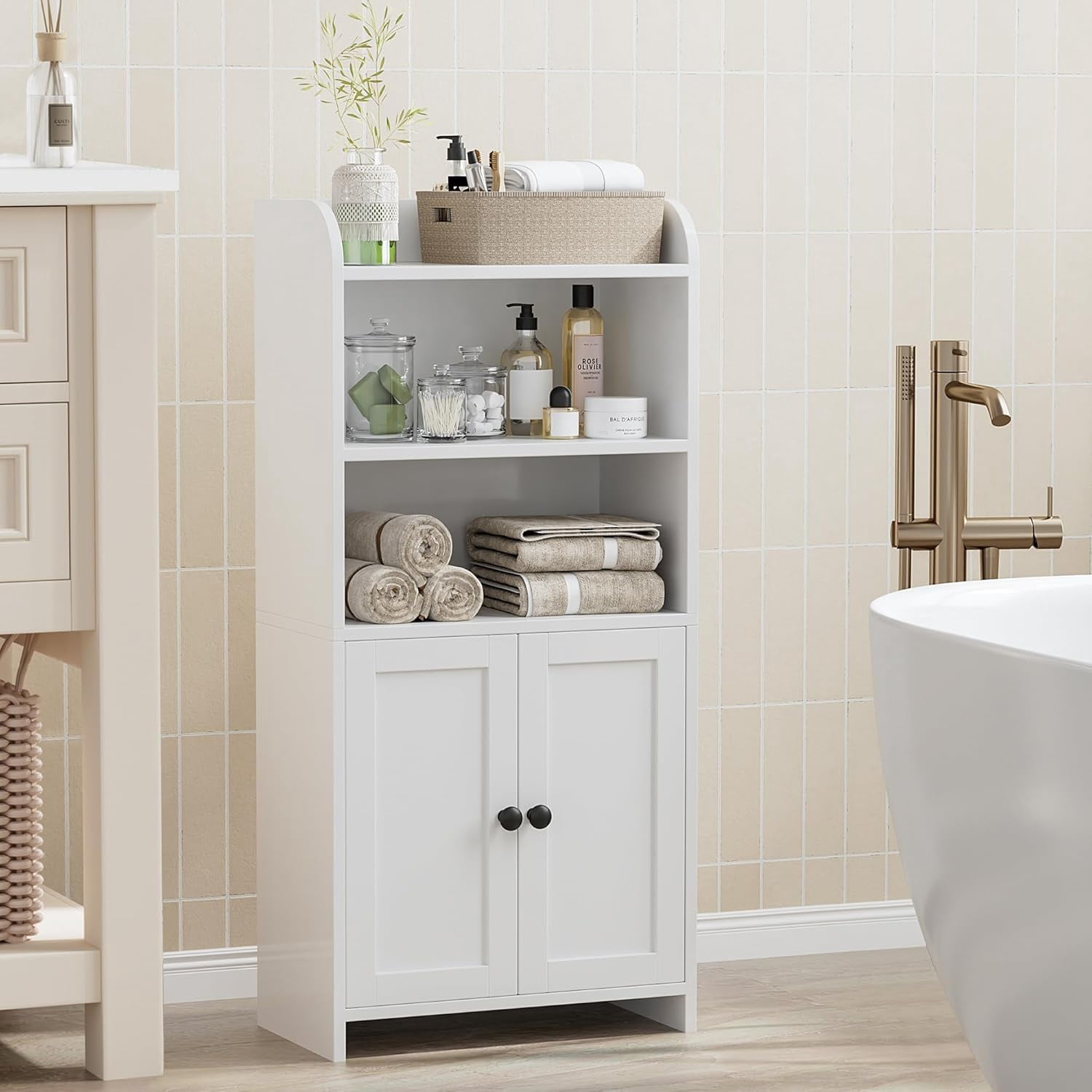 Small Bathroom Storage Cabinet, Freestanding Toilet Paper Storage with 2 Doors and Shelves, Bathroom Organizers and Storage for Small Spaces, Laundry Room, 7.9" D x 14.6" W x 31" H, White