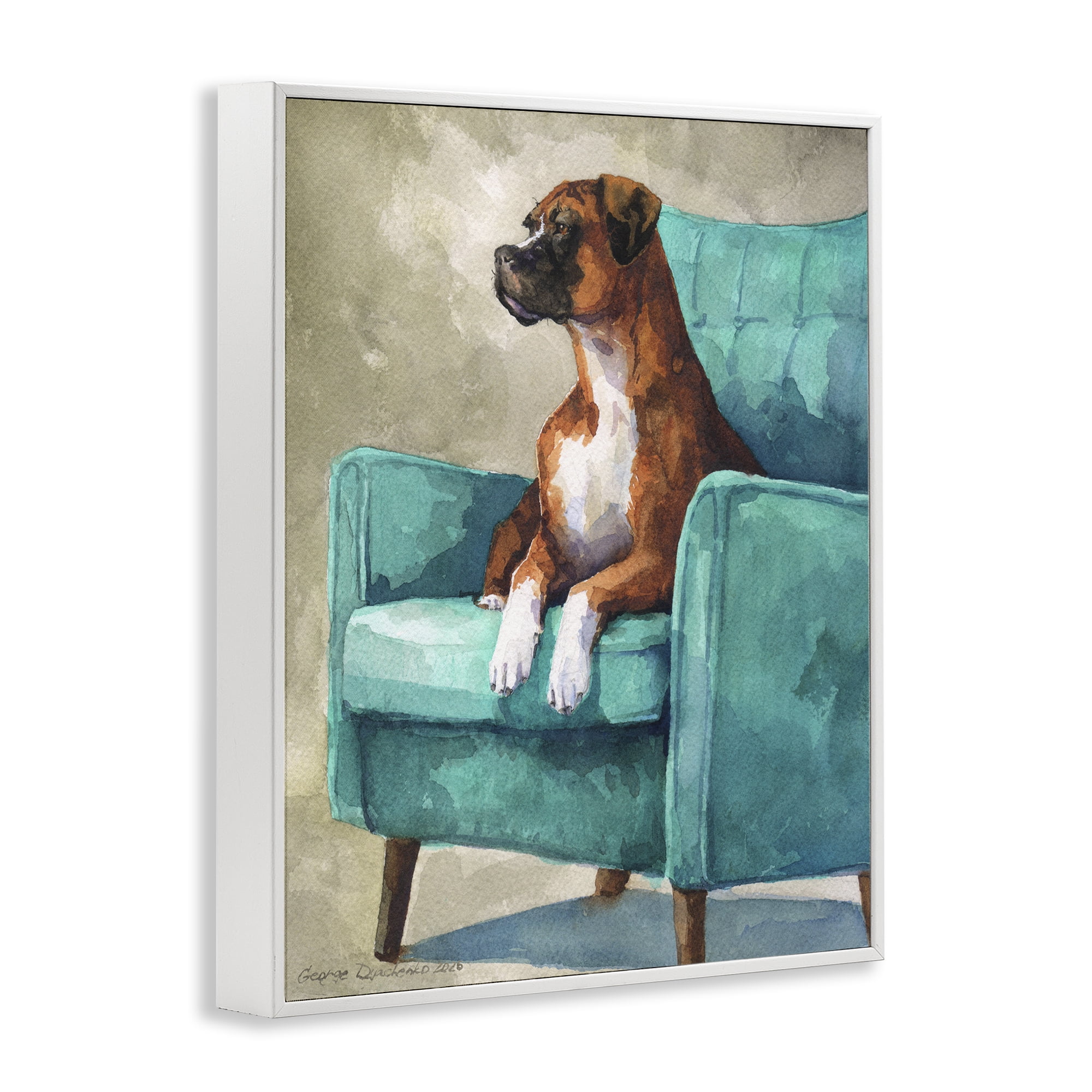 Stupell Industries Majesty Boxer on Armchair White Framed Giclee Art, design by George Dyachenko