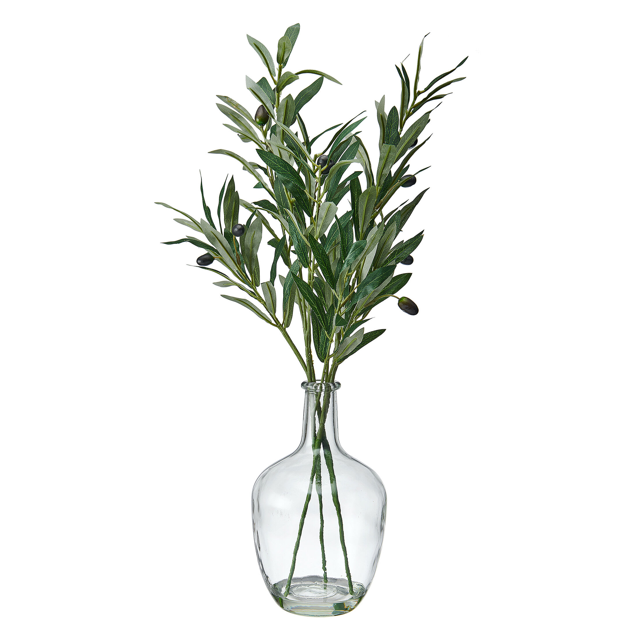 Elements Artificial Olive Branch Arrangement in Clear Glass Vase, Realistic Look and Feel