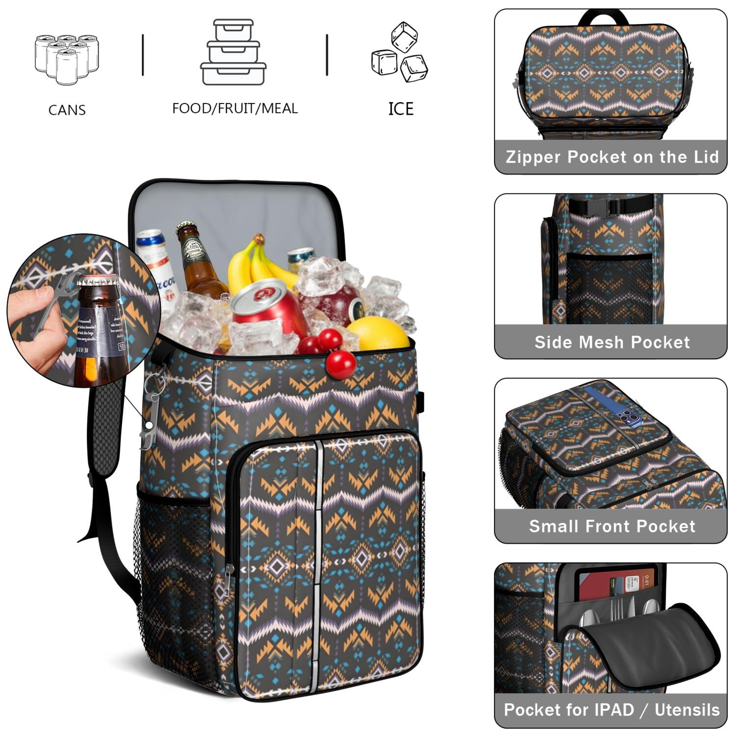 Travel Cooler Bag - Boho Bohemia Pioneer Flower Geometric Line Art Camping Beer Cooler Backpack with Bottle Opener- Waterproof Insulated Picnic Backpacks - Cooler Bag for Beach
