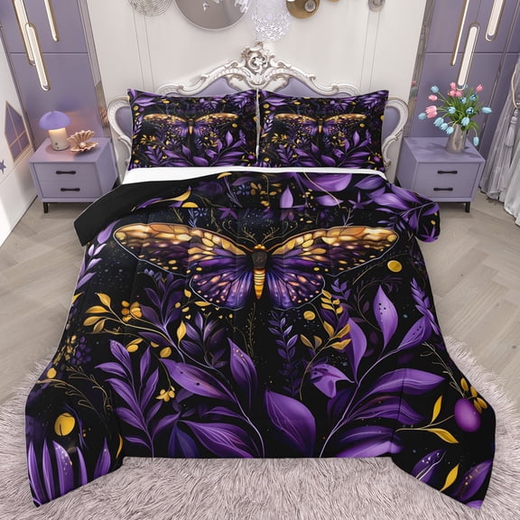jejeloiu Gold Purple Moth Bedding Comforter Set,Rustic Plants Leaf Twin Comforter Sets,Modern Aesthetic Art Bedding Set For Teens,Breathable Home Decor Reversible,2-Piece