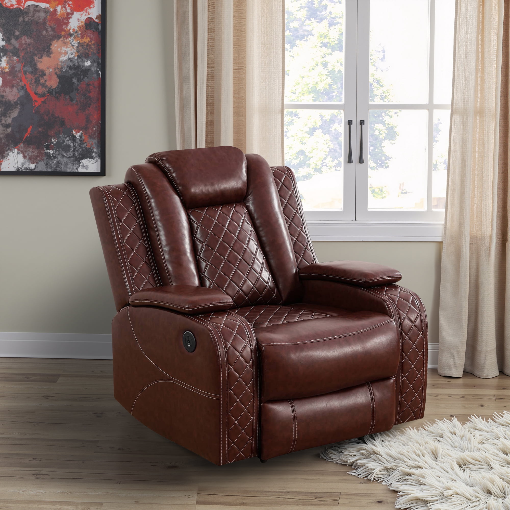 MAYEERTY Red Breathing Leather Living Room Sectional Recliner Chair