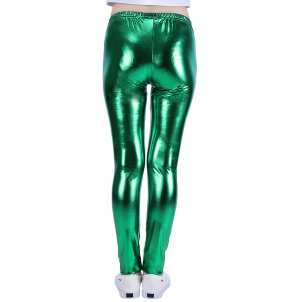 HDE Girls Shiny Wet Look Leggings Kids Liquid Metallic Footless Tights  (Green, 7/8)