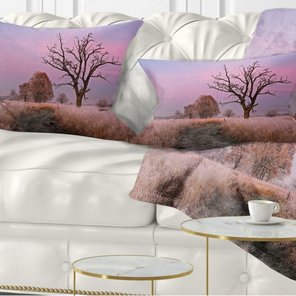 Designart Fairy Autumn Sunrise with Lonely Tree - Landscape Printed Throw Pillow - 12x20