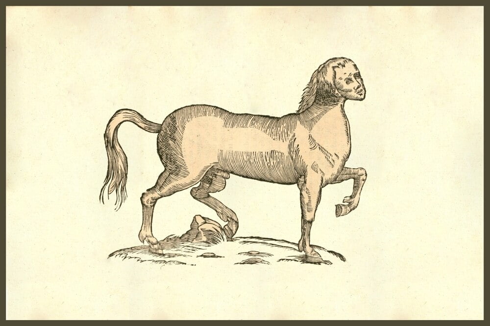 Horse with human face. From the 1642 book Monstrorum Historia by Ulisse
