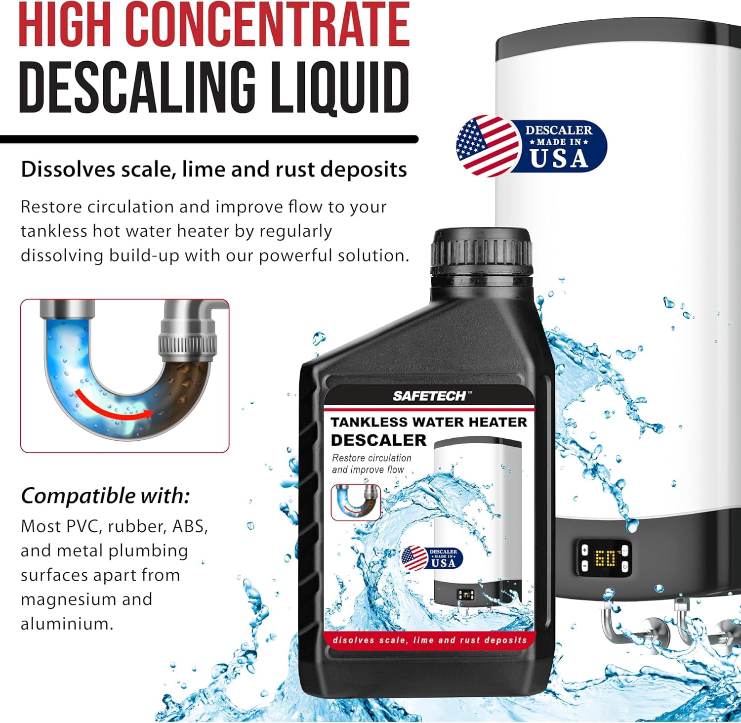 Safetech Tankless Water Heater Flushing Kit, 1/6 HP Utility Pump with Screw-Top Lid Bucket, Premium Braided Hoses & Quart Descaler Solution
