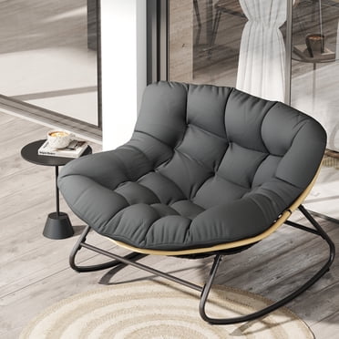 LHBcraft Oversized Rocking Chair – 450lbs Capacity, All-Weather Wicker Lounge Chair with Cushion for Indoor/Outdoor Use(YE-GR)