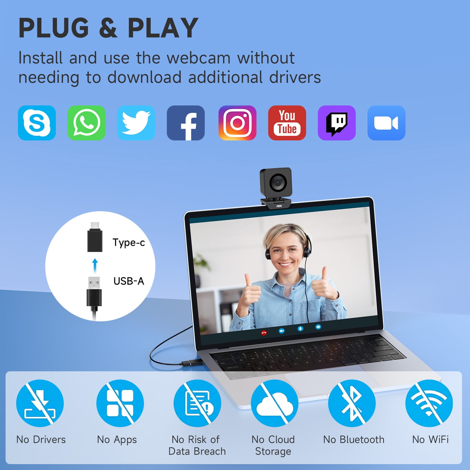 AOC 4K UHD Webcam for PC, Laptop, Mac, USB Streaming Camera with PDAF Autofocus,Auto Light Correction, 75° FOV, Privacy Cover for Video Conferencing, Zoom, Teams