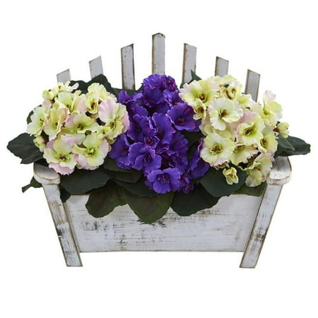 African Violet Artificial Plant in Wooden Bench Planter, White