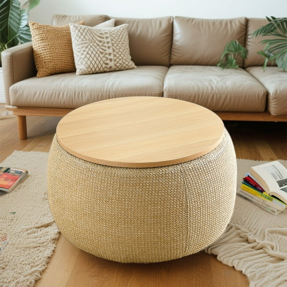 YIYADO Multifunctional storage stool, home storage makeup stool, storage stool with wicker weave style, Natural (25.5"x25.5"x14.5")