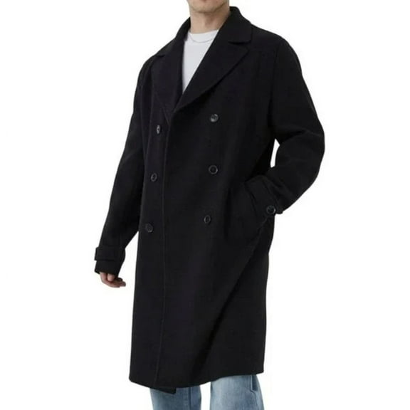 Boohoo Man Tall Double Breasted Wool Look Overcoat in Black, Size M