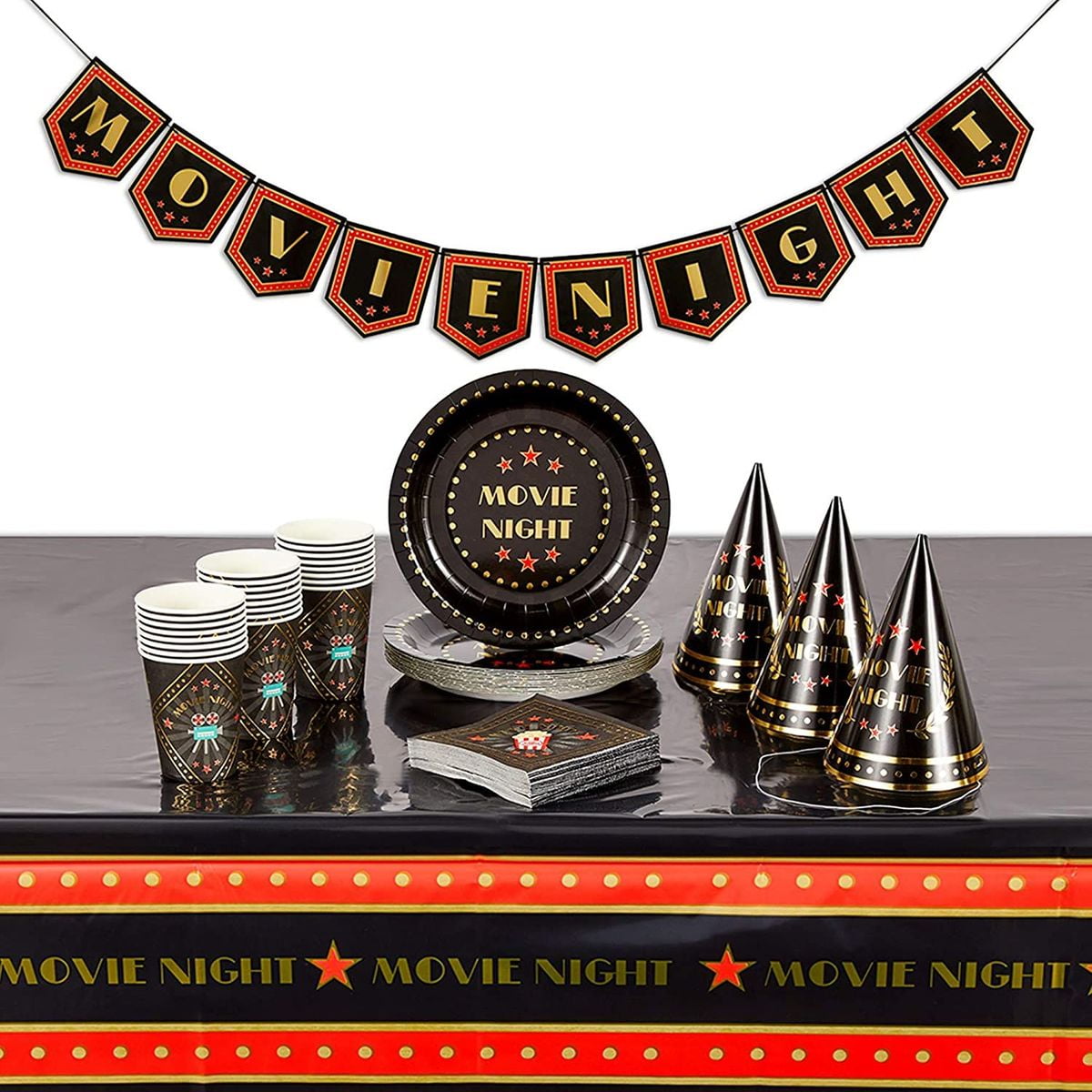 Serves 24 Movie Night Theme Party Supplies Set for Birthday Decorations Favors, Black Plates, Cups, Napkins, Hats, Banner, Tablecloth