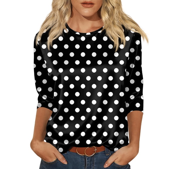 Women’s Polka Dot Print Satin Blouse Crew Neck Half Sleeve Relaxed Fit Top for Casual Daily Wear Black L