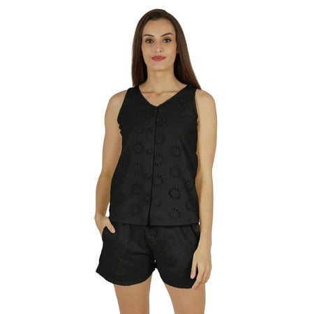 

Bimba Solid Schiffli Top And Short Nightwear Set For Womens Casual 2pcs Sexy Lounge Sleepwear