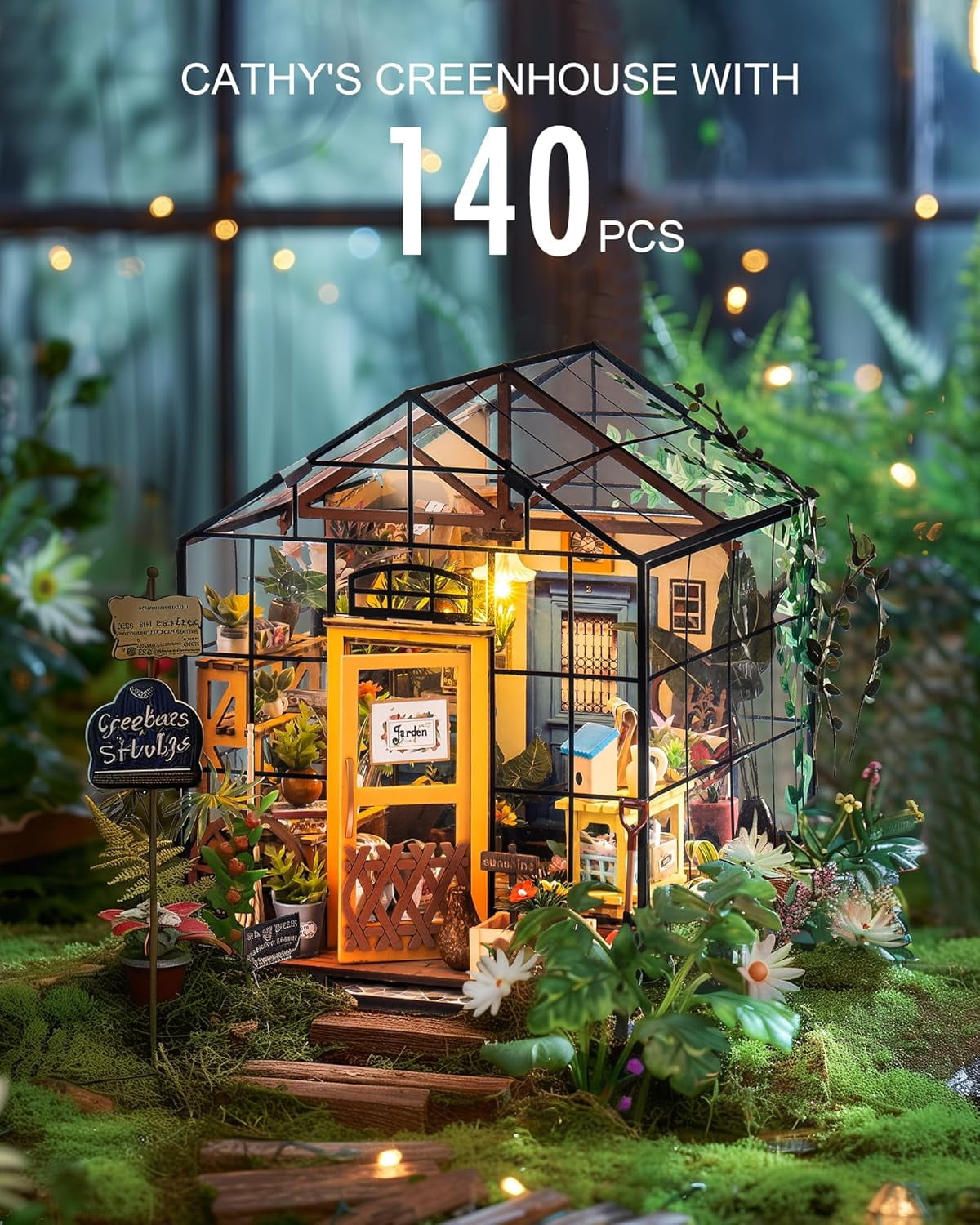 Rolife Cathy's Greenhouse DIY Miniature House Kit, Transparent Arch Greenhouse Model with Plants & Furniture for Adults, No-Glue Assembly Pre-Colored Wooden Craft Kit, Home Decor Gift for Plant Lover