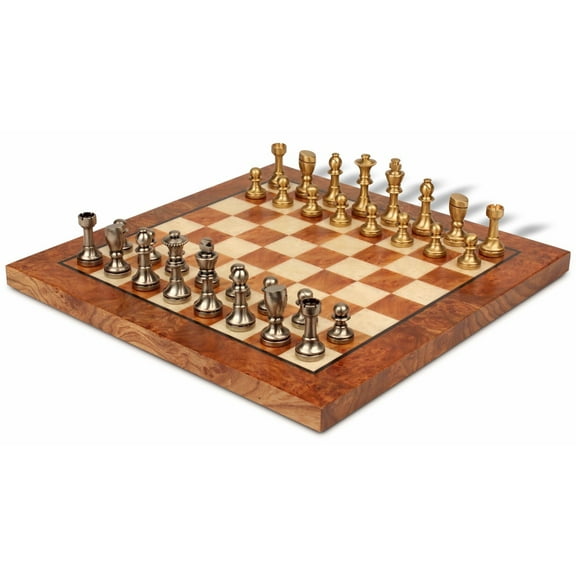 Abstract Staunton Solid Brass Chess Set with Elm Burl Chess Board
