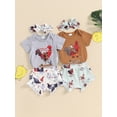 thumbnail image 4 of Aojekbee Baby Girl Farm Clothes Set Short Sleeve Romper with Hen Print Ruffled Shorts and Headband, 4 of 10