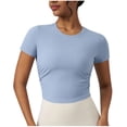 thumbnail image 2 of Vivianyn HD Women's Crew Neck Ruched Crop Tops, Ribbed Knit Short Sleeve Workout Tops,Blue,Size S-XL, 2 of 4