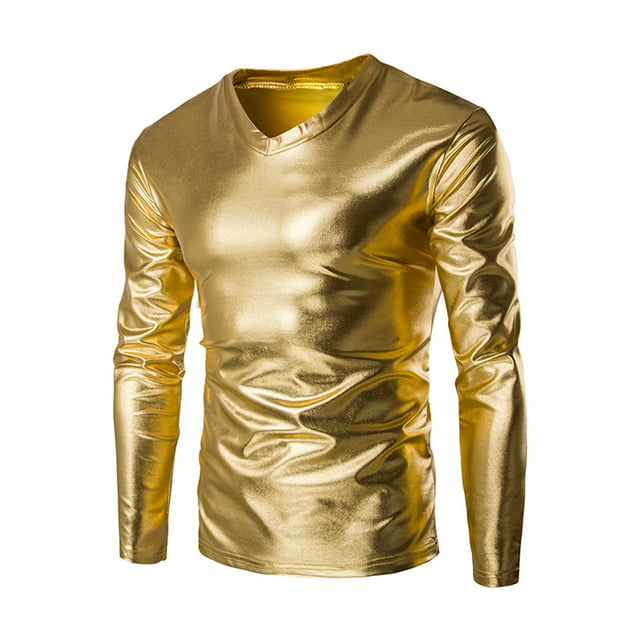 Homchy Men Metallic Shiny Wet Look Long Sleeve T-shirt Top Slim Fit V ...