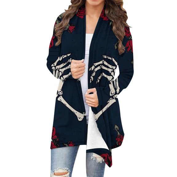 Kilaqueen Womens Halloween Open Front Cardigan Casual Oversized Funny Pumkin Print Lightweight Thin Coats Cute Spooky Pattern Cardigans Dusters