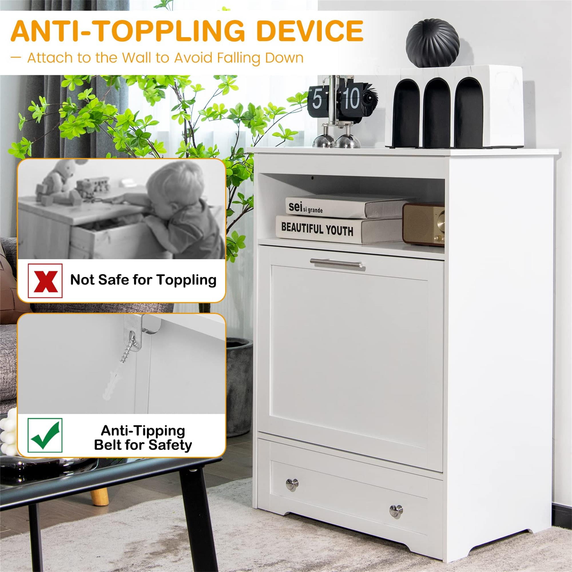 resenkos 32" Dog Feeder Station with Stainless Steel Bowl, Dog Food Storage Container, Pull Out Pet Food Cabinet, White