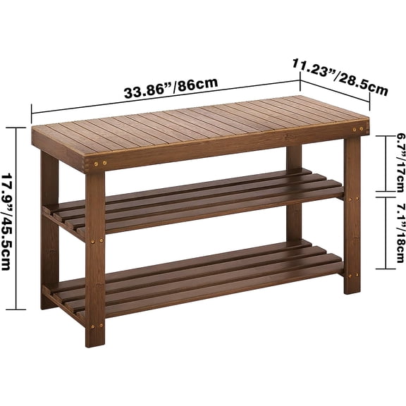 Bamboo Shoe Rack Bench, 3-Tier Shoe Organizer Storage Shelf for Entryway Hallway Bathroom Living Room (Walnut)