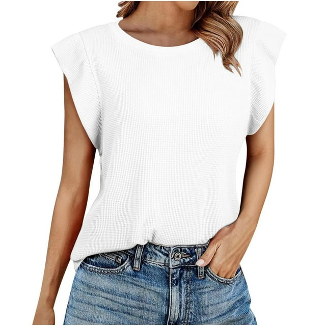 Mujeres de Verano Camisetas Sueltas de Ajuste sin Mangas Manga de Ruffle, Sólido Moderno Casual Básico Top