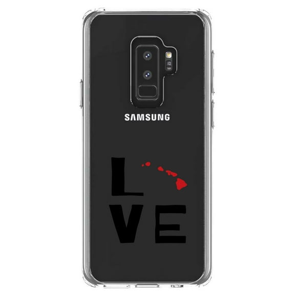 DistinctInk Clear Shockproof Hybrid Case for Samsung Galaxy S9  PLUS (6.2" Screen) - TPU Bumper Acrylic Back Tempered Glass Screen Protector - Hawaii - Love Black & Red