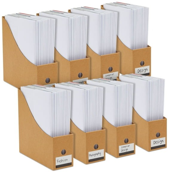 Juvale Corrugated Cardboard Magazine Holder - 3.5 x 10.2 x 10.6 in, Brown, 8-Pack - Magazine File Holder & Document Organizer with Removable Labels