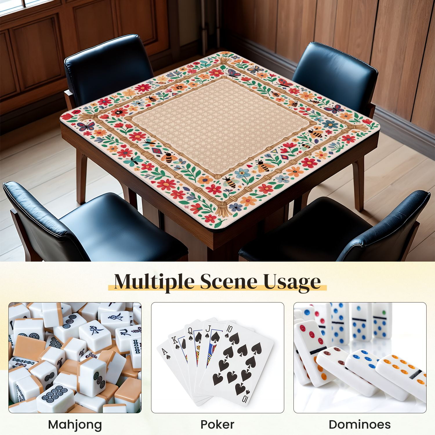 Mahjong Mat 31.5" x 31.5" Floral Border Bees Butterflies Bright Colors Anti-Slip and Noise Reduction Symmetry Design Mahjong Tiles Table Cover for Dominoes Poker Card Board and Tile Games