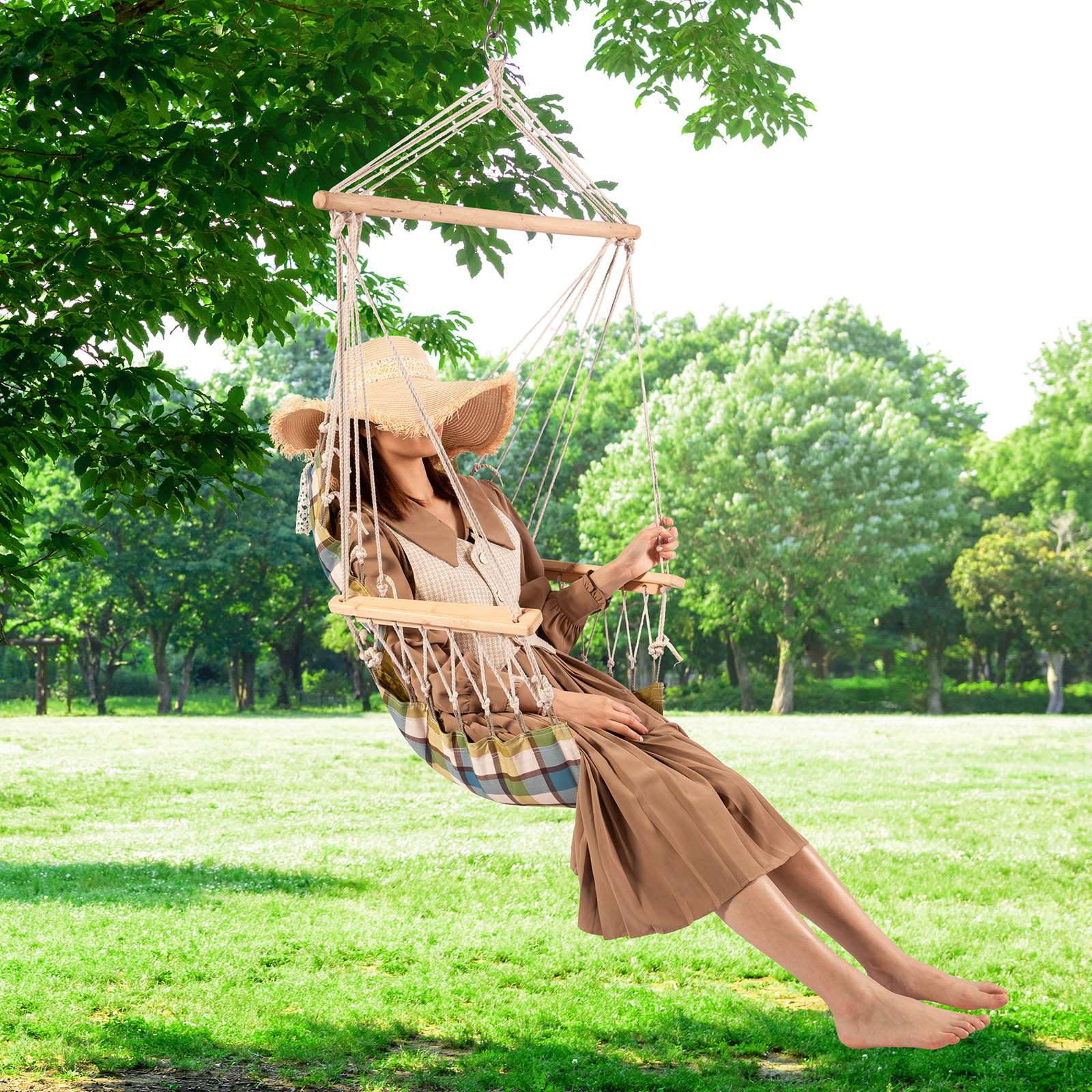 Hanging Chair with Pillow & Arms-Green Plaid
