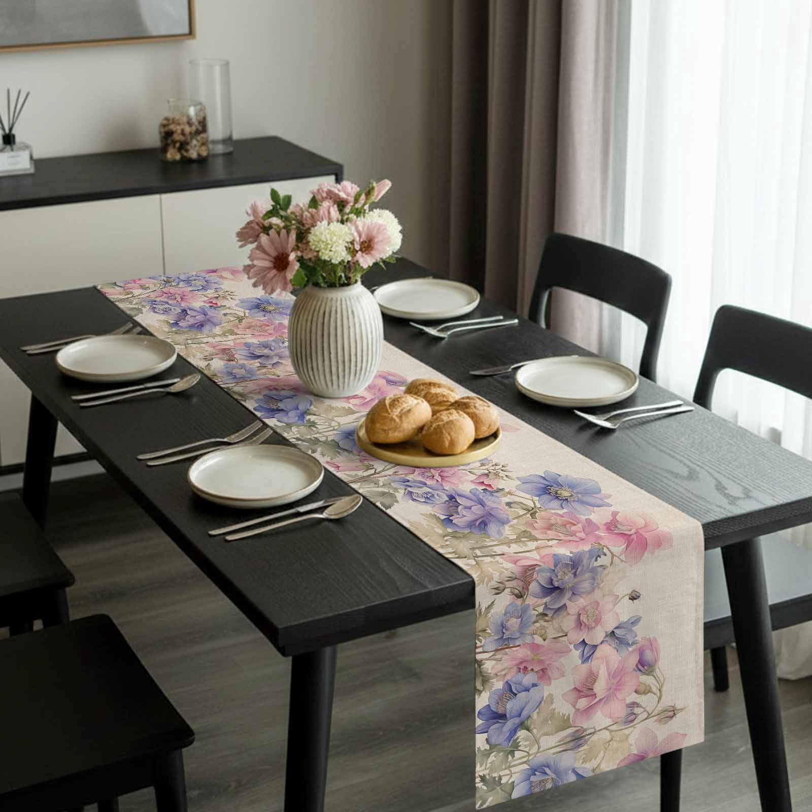 Pink Blue Spring Floral Table Runner 120 Inches Long, Rustic Summer Flower Botanical Kitchen Coffee Dining Table Decoration for Home Party Birthday Wedding Home Decor 13x120 Inches