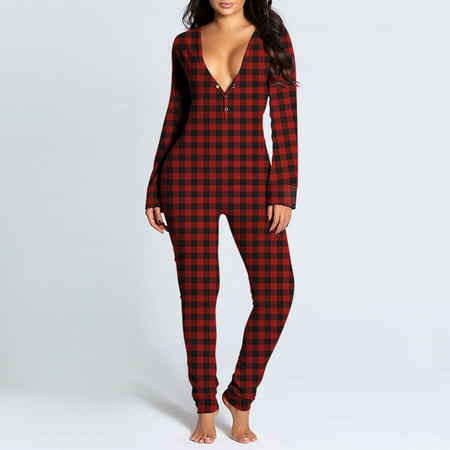 

PEONAVET Onesie Pajamas for Women Sexy V Neck Butt Button Flap Jumpsuit Fashion Printed Jumpsuits Long Sleeve Button Onesies Pajama Club Rompers Sleepwear Gifts for Women