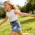 thumbnail image 7 of Girls 2Pcs Skirts Sets Outfits Summer Short Sleeve Crewneck Tops and Denim Vintage Skirts Versatile Cute Bow Print Tops School Outfits Casual Children Clothes Age 2-8 Years White 5-6Years, 7 of 7