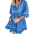 thumbnail image 3 of 3/4 Sleeve Women High Waist Patchwork Loose Mini Babydoll Dress, 3 of 6