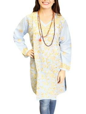 Mogul Women's Floral Embroidered Cotton Long Tunic Dress S