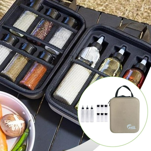 Kit de 11 frascos de especias para acampar, 6 recipientes para polvo y 3 para líquidos, duraderos, portátiles, estuche rígido de EVA para senderismo,