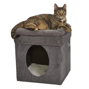 New World Pet Products Cat Cube With Bed Topper - Gray Faux Suede Cat House 15.5x15.5x16.5 Inches