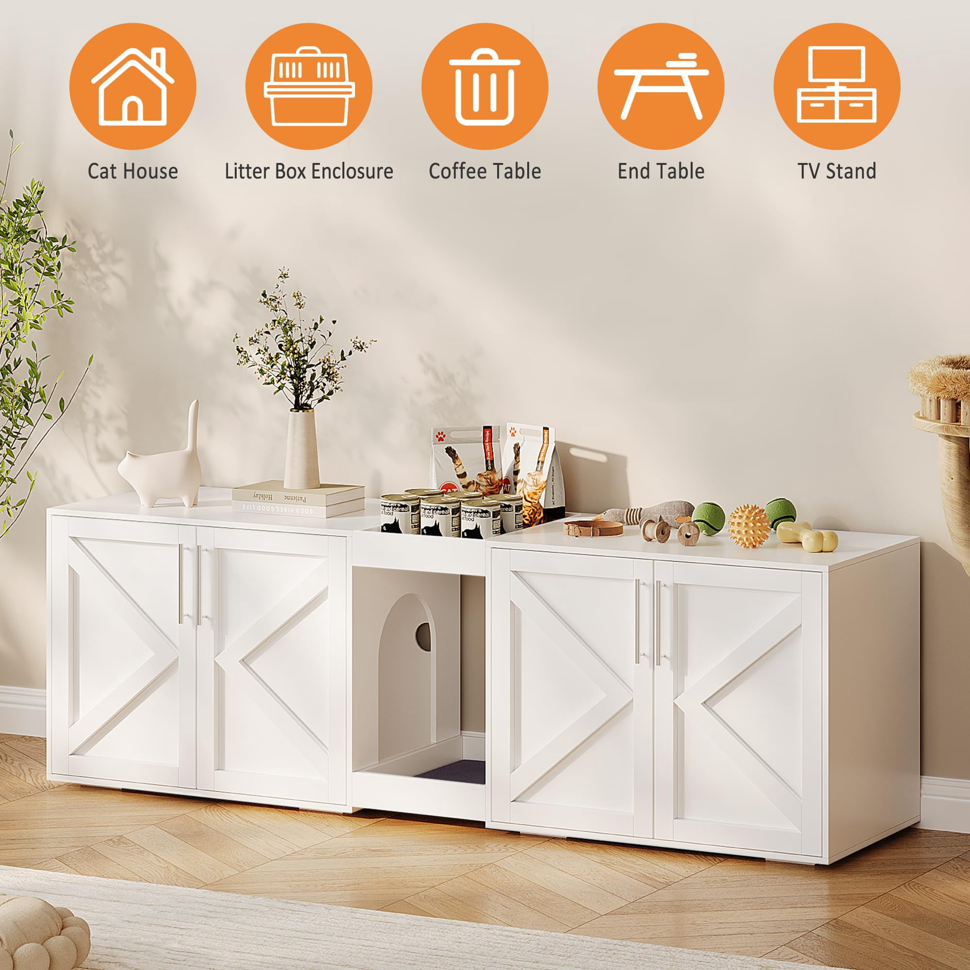 55" Large Cat Litter Box Enclosure for 2 Cats,Litter Box Enclosure with Double Cage,Hidden Cat Litter Box Furniture with Double Room and Cushion,Wooden Kitty Litter Box Cabinet Furniture,Cat House