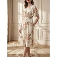 thumbnail image 3 of Floral Print Women's Spring Summer Dress - V-Neck Wrap, Waist-Gathered Midi, Romantic Elegant Vacation Style, 3 of 10