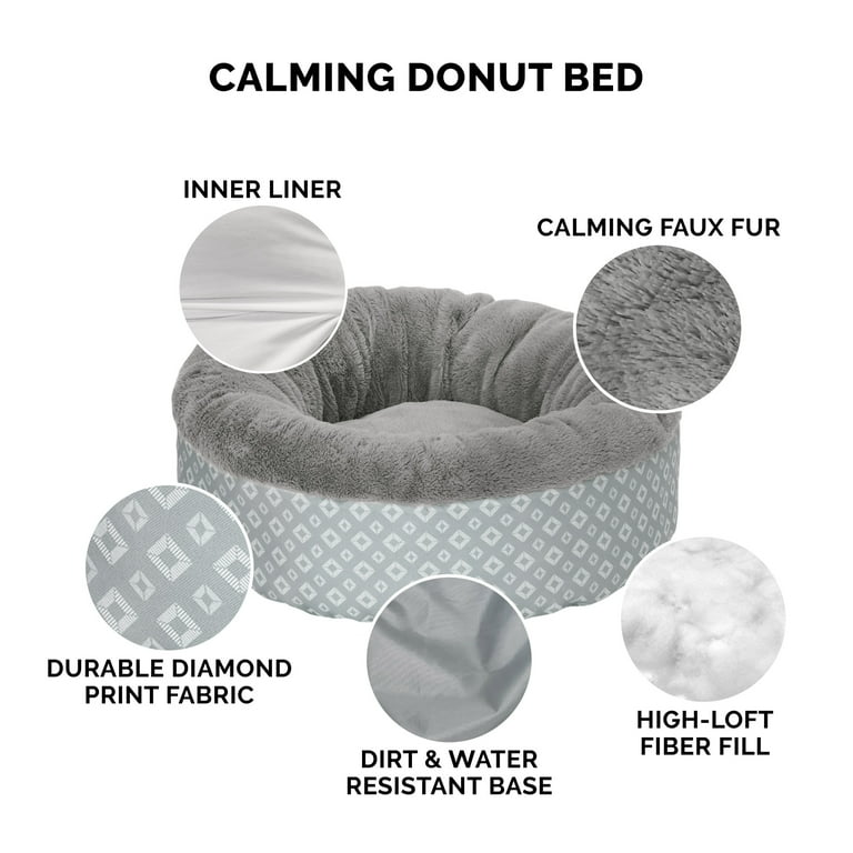 FurHaven Plush Calming Donut Dog Bed, Gray, Small, Cozy, Washable