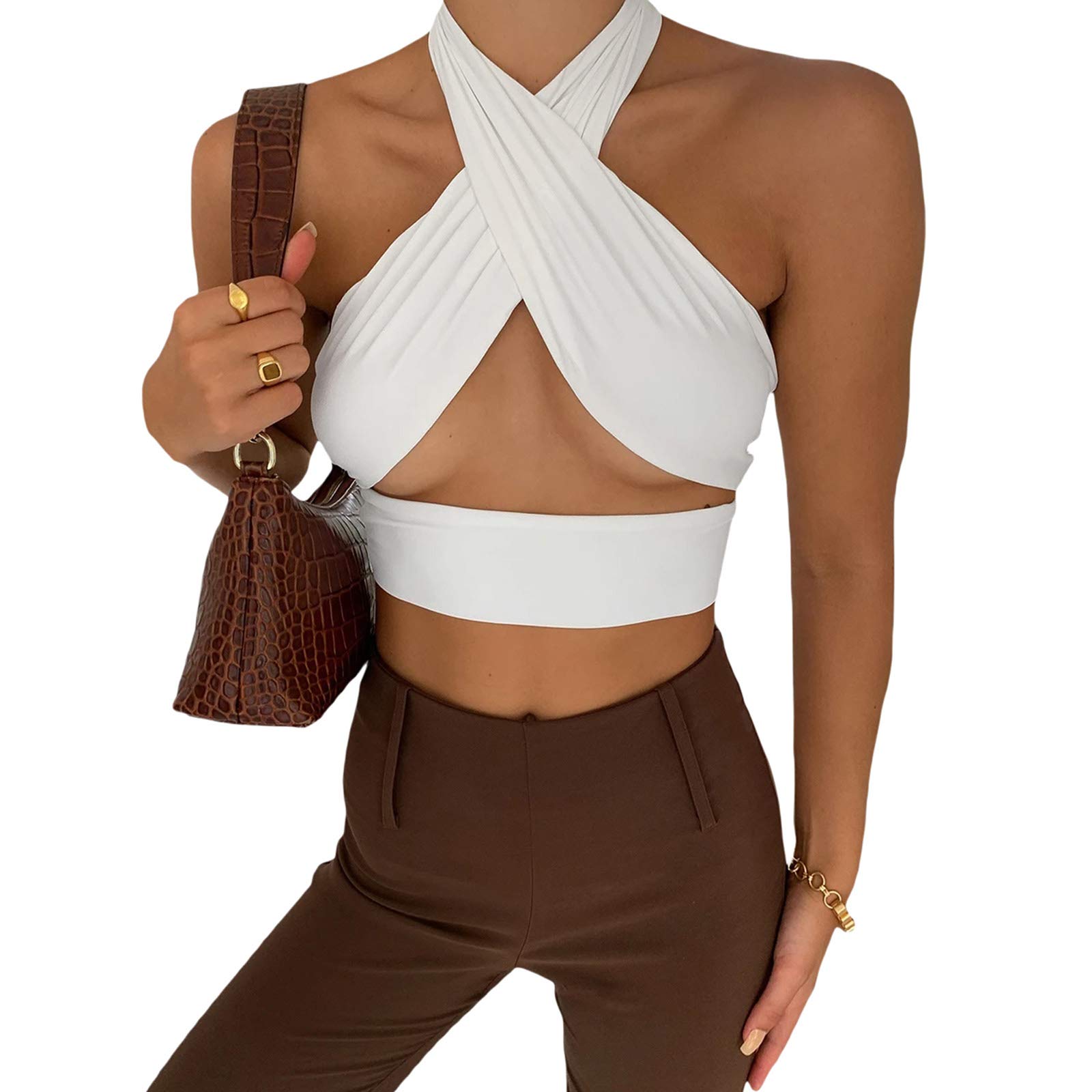SUNSIOM Women Halter Neck Crop Top Bandage Backless Camisole Wrap Criss  Cross Short Tops - Walmart.com