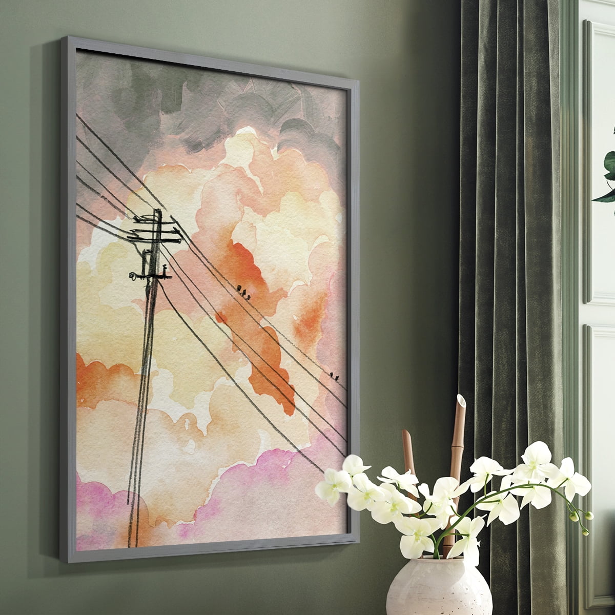 Cloudy Communication II Framed Print in Gray Solid Wood Framed Print No Nail Hanging