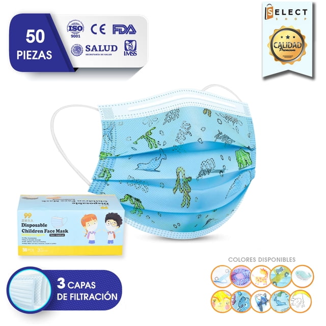 tapabocas 300 pz niños cubrebocas infantil tricapa termosellado — mascarilla azul claro infantil con estampado de animales marinos, vista frontal 3/4 centrada que muestra pliegues horizontales, cintas elásticas blancas y borde termosellado; caja ilustrada de 50 piezas y distintivo de 3 capas de filtración sobre fondo blanco. A menudo usada como opción desechable para actividades escolares y salidas cortas.