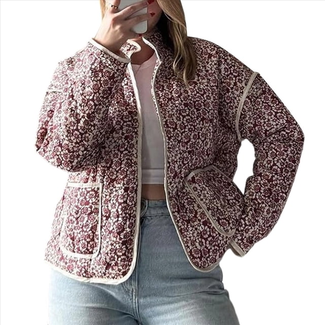 Chaqueta Acolchada Corta con Estampado Floral Vintage para Mujer, Chaqueta Corta Abierta Al Frente, Ropa de Abrigo Floral Pequeño Marrón S
