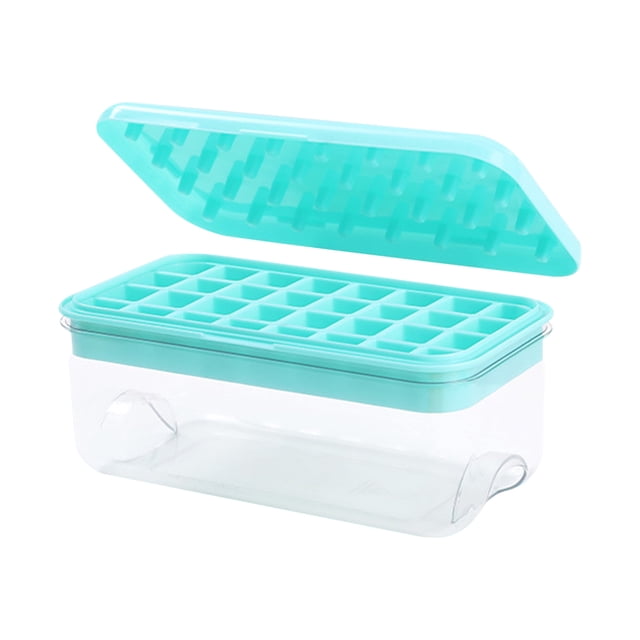 32 bandeja de hielo prensa silicona grado alimenticio contenedor para hacer hielo caja de almacenamiento de hielo caja para hacer hielo cielo azul, vista 3/4 con tapa levantada; bandeja de 32 cavidades de silicona y placa de presión de PP con clavijas para liberar cubitos en segundos, caja exterior transparente de PET para almacenar cubitos, tapa ABS ajustada y mango integrado para transporte.
