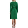 thumbnail image 3 of Vestido de línea A de mujer con cuello barco, mangas abullonadas largas, lazo en la cintura, casual, color verde, 3 of 5